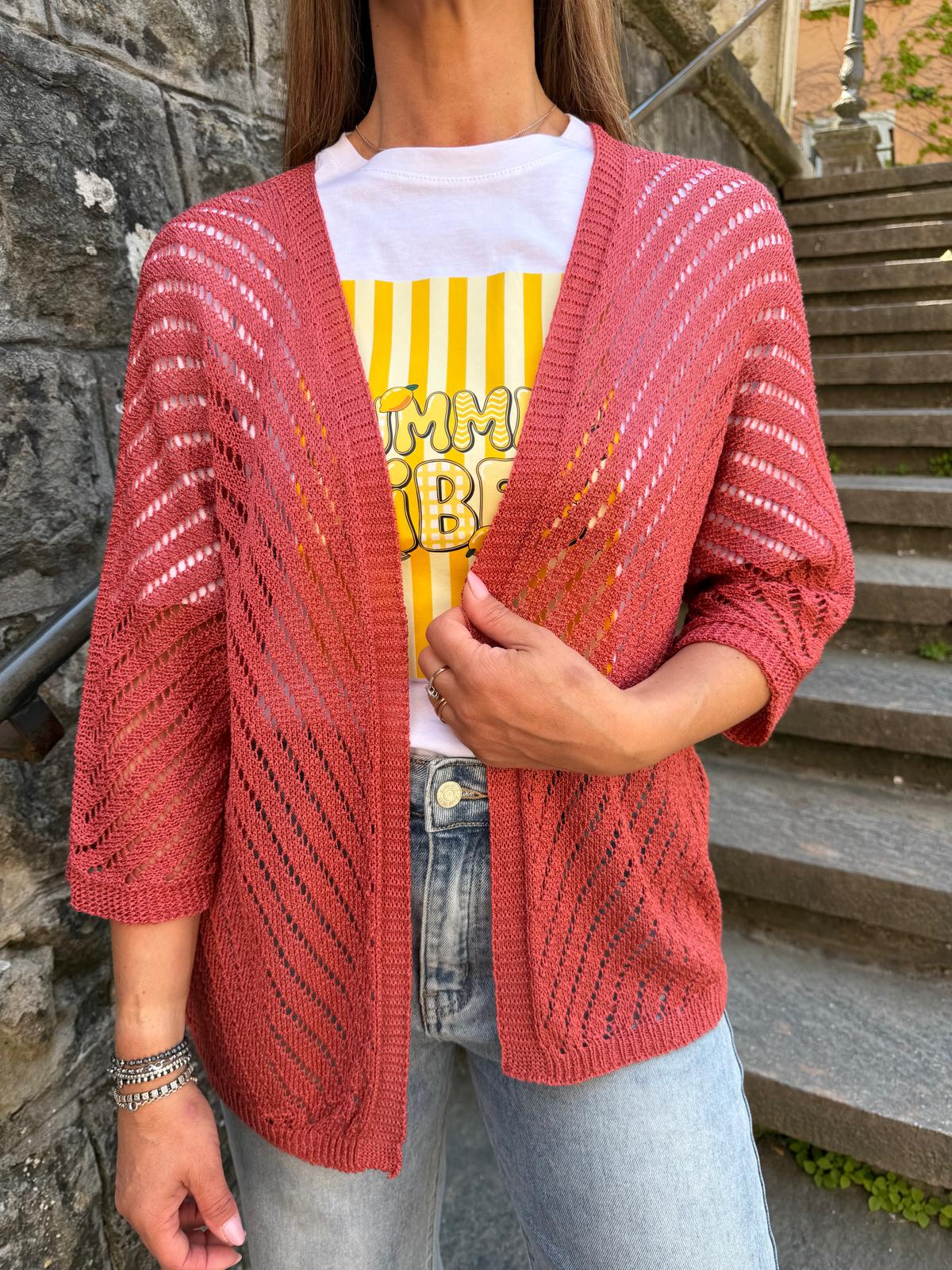 Cardigan lungo traforato terracotta